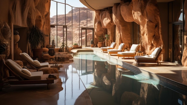 vista de la piscina de baño de primavera de la cueva del desierto