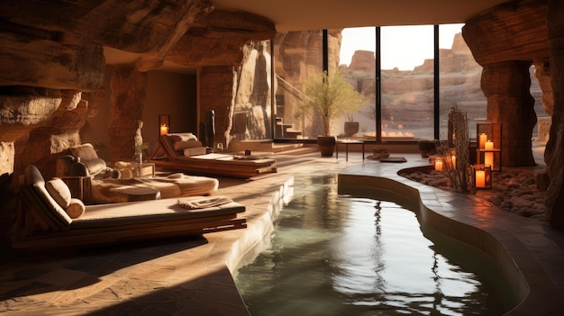 Foto vista de la piscina de baño de primavera de la cueva del desierto