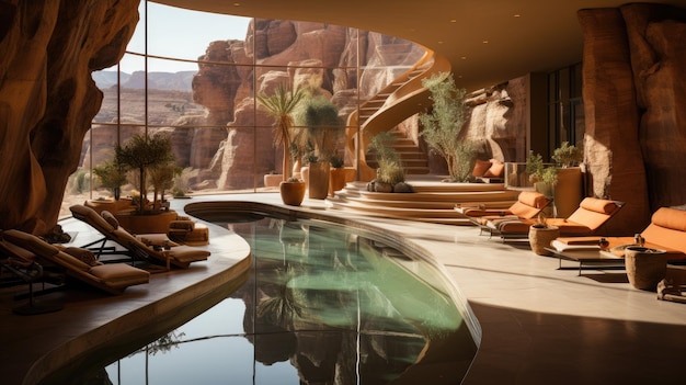 vista de la piscina de baño de primavera de la cueva del desierto