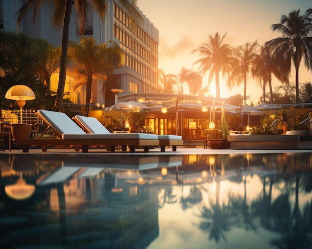 Vista de la piscina del hotel al anochecer