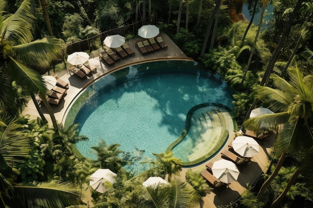 Vista de la piscina y tumbonas en el resort de la selva tropical Creando un ambiente sereno y relajante rodeado de la naturaleza Bali Indonesia