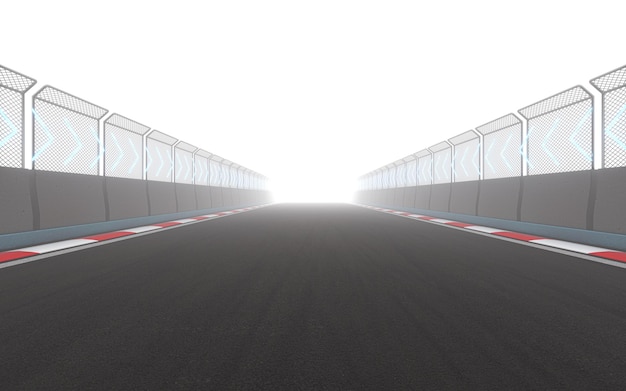 Vista de la pista de carreras internacional de asfalto vacío infinito representación 3d