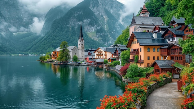 vista pitoresca da vila de Hallstatt, na Áustria, à beira do lago