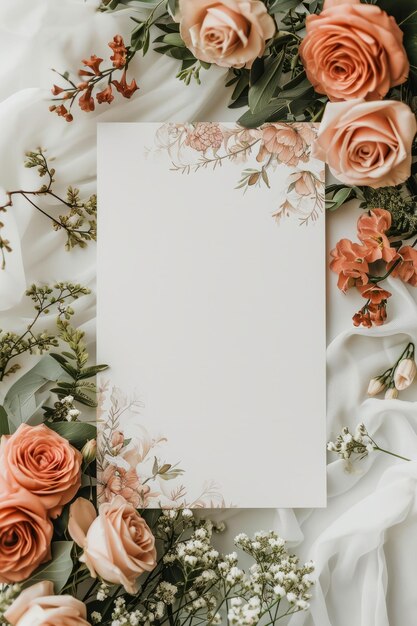 Vista plana desde arriba de una tarjeta de invitación blanca en blanco con flores
