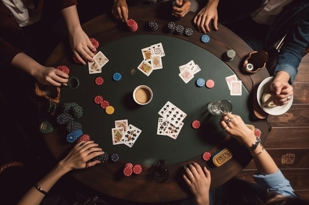 vista plana de cima de homens e mulheres jogando pôquer no cassino