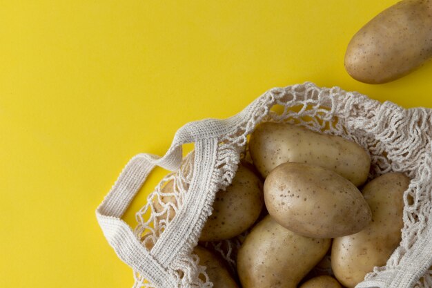 Vista plana endecha papas orgánicas crudas en bolsa de cadena sobre fondo amarillo