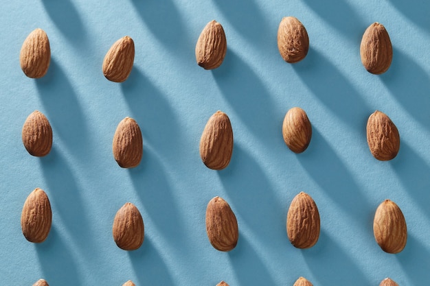 Vista plana laica del patrón de almendras en filas claras y suaves sobre un fondo azul con sombras