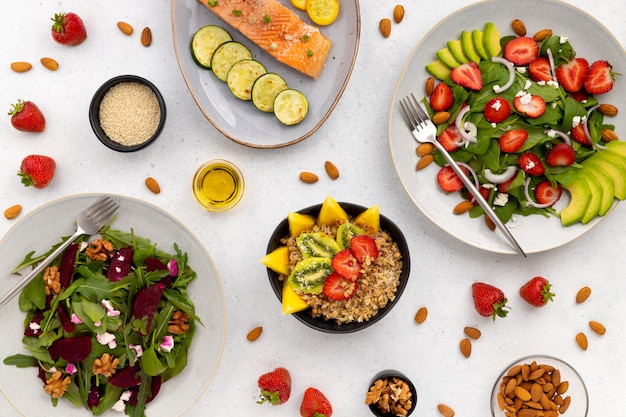 Vista plana leiga comida saudável almoço jantar conceito