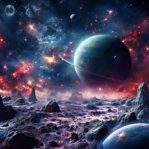 Una vista de un planeta con una superficie rocosa y un campo estelar distante generativo ai