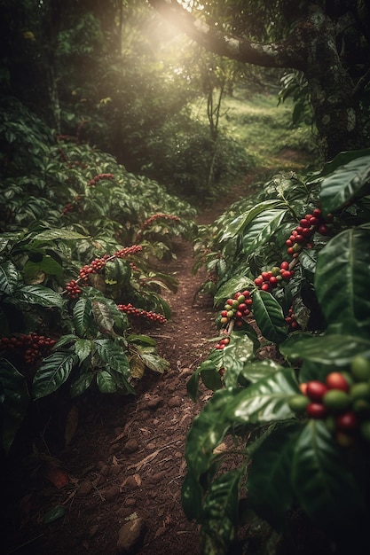 Una vista de una plantación de café con un árbol al fondo