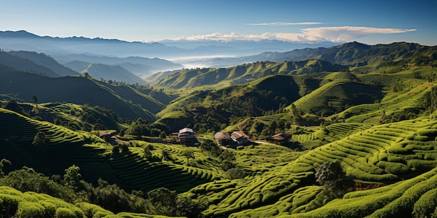 Vista de una plantación de café de Colombia o Brasil con plantas de café en primer plano