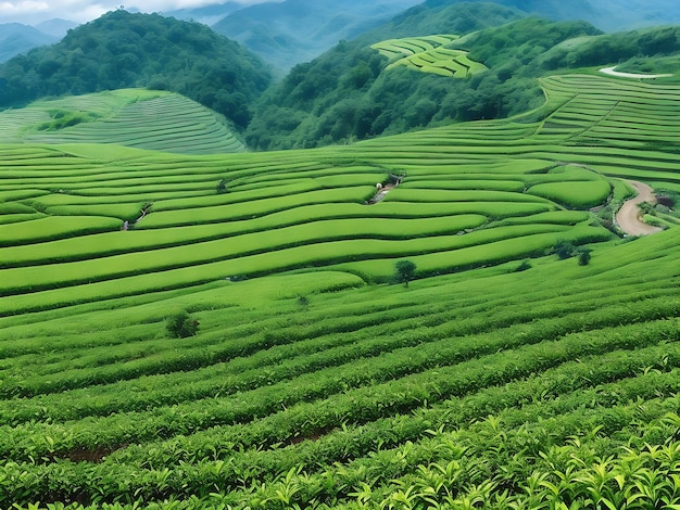 Vista de una plantación de té con hileras de plantas de té que se extienden hacia el horizonte generada por ai