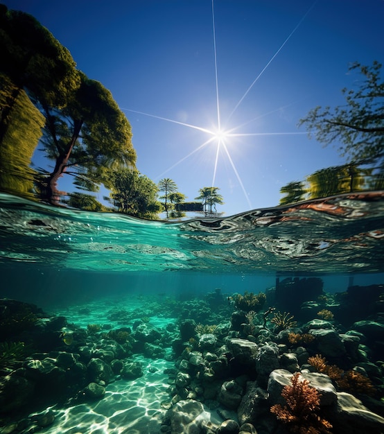 Vista de la playa azul desde debajo del agua IA generativa