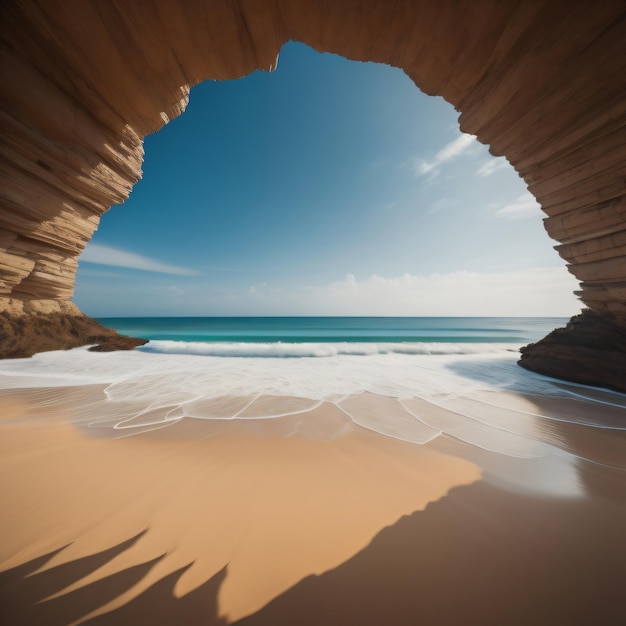 Una vista de la playa con un cielo azul desde la cueva.