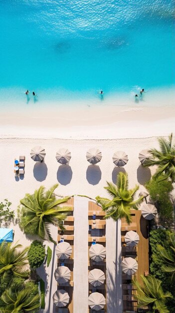 una vista de una playa con palmeras y un paraguas de playa