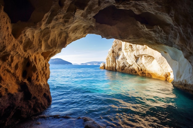 Vista de la playa paradisíaca en la costa egea de grecia cueva en la fotografía del mar