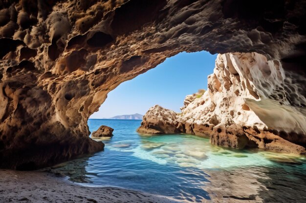 Vista de la playa paradisíaca en la costa egea de grecia cueva en la fotografía del mar