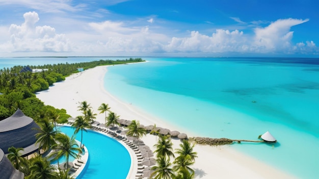 una vista de una playa con una piscina y palmeras