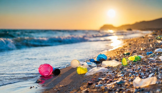 Vista a la playa soleada arruinada por las olas de desechos plásticos que depositan escombros en la orilla destacando el entorno