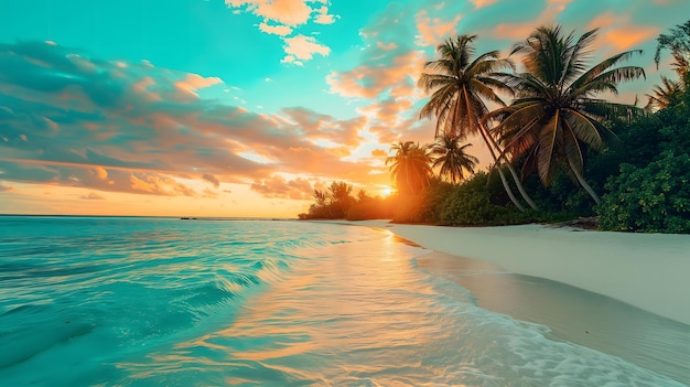 Foto vista de la playa tropical al atardecer o al amanecer con arena blanca agua turquesa y palmeras