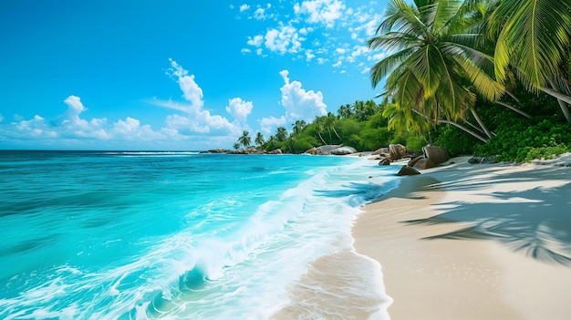 Vista de la playa tropical en un día soleado con arena blanca agua turquesa y palma red neuronal generada imagen