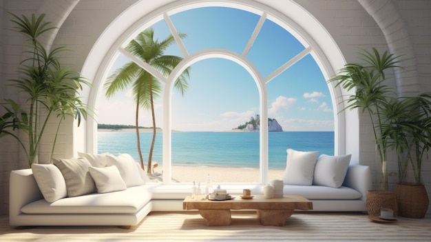 Vista a la playa tropical desde una habitación de lujo