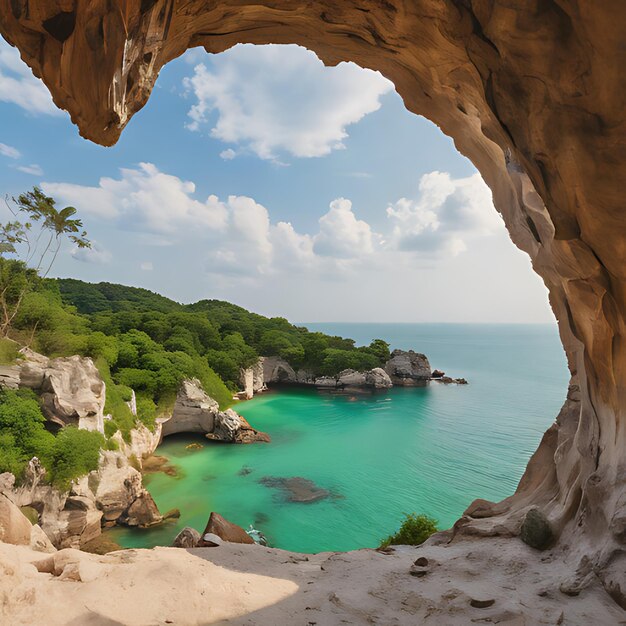 una vista de una playa con una vista del océano y una formación rocosa