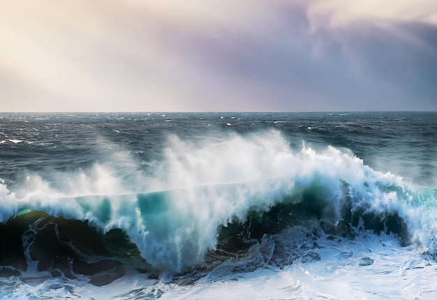 Vista del poder de la naturaleza en movimiento de cerca mientras las magníficas olas del tormentoso océano surgen y chocan