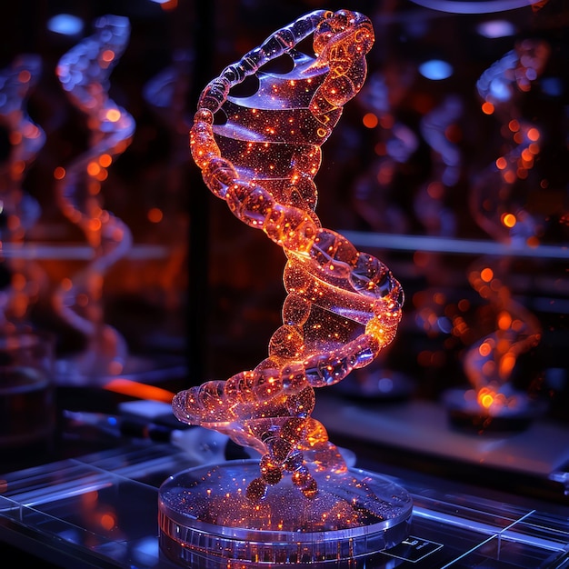 Foto vista por microscópio da estrutura do dna, hélice de estirpe, genética e ciência médica, cadeia de moléculas de dna humano