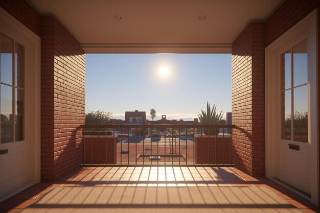 La vista desde el porche de un edificio de apartamentos de ladrillo