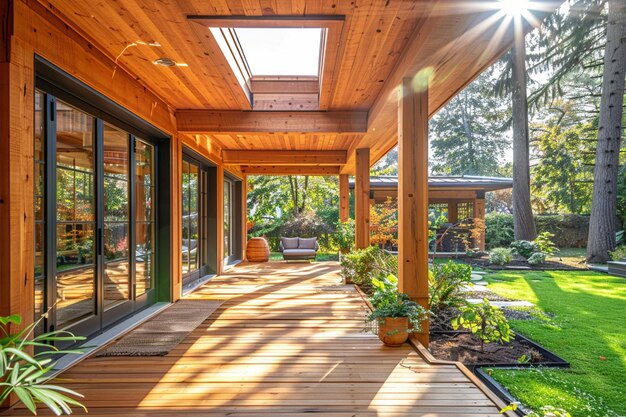 una vista de un porche de madera con una claraboya y un banco generativo ai