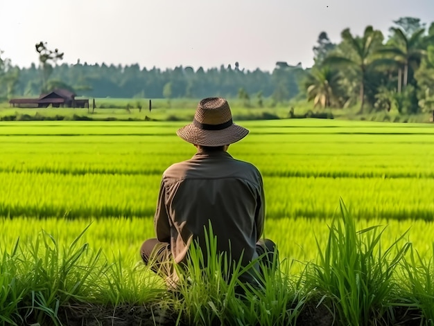 Vista posterior de un agricultor asiático sentado al borde de un campo de arroz IA generativa