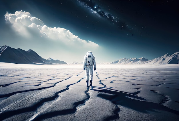 Vista posterior del astronauta con la luna en el fondo del espacio exterior Concepto de tecnología de personas y ciencia Tema de ilustración de arte digital IA generativa