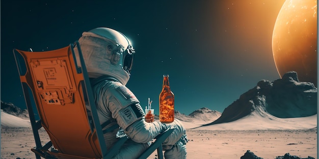 Vista posterior del astronauta lunar tomando una cerveza mientras descansa en una silla de playa en la superficie de la Luna saludando a la Tierra