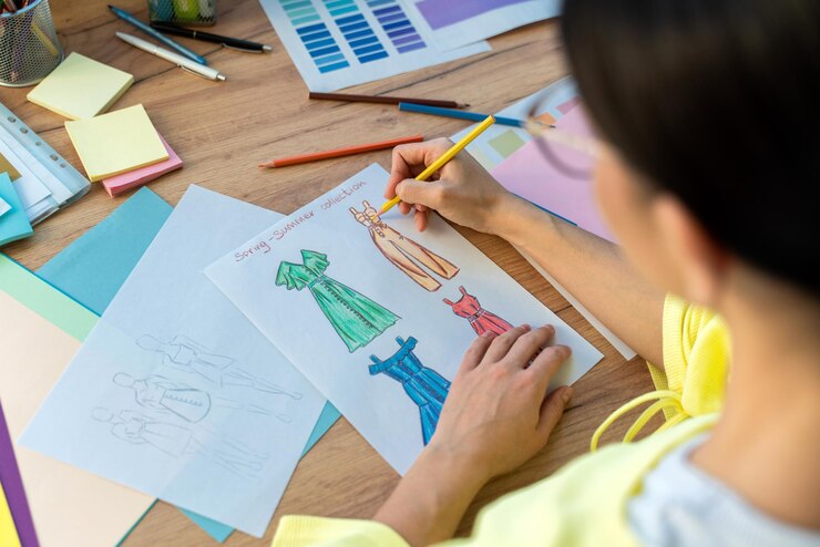 Foto vista posterior del atractivo y talentoso diseñador concentrado en crear bocetos en un estudio moderno mientras está sentado a la mesa con papel y lápiz