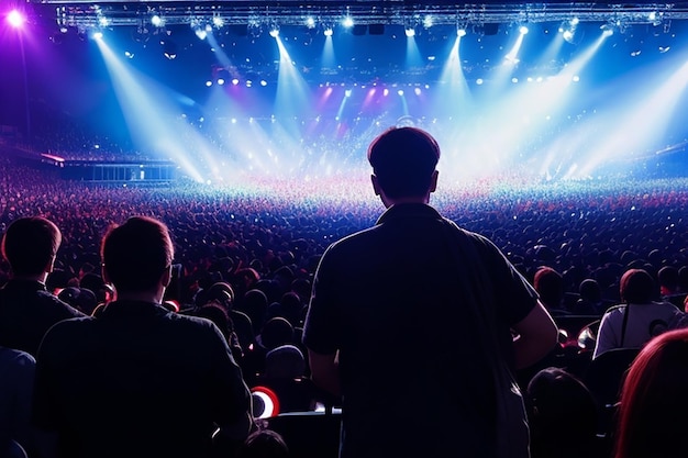 vista posterior de la audiencia emocionada con los brazos levantados aplaudiendo frente al escenario en el espacio de copia de concierto de música