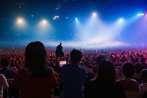 vista posterior de la audiencia emocionada con los brazos levantados aplaudiendo frente al escenario en el espacio de copia de concierto de música