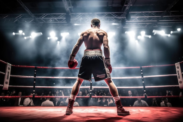 Vista posterior del boxeador profesional Ring match con iluminación puntual IA generativa