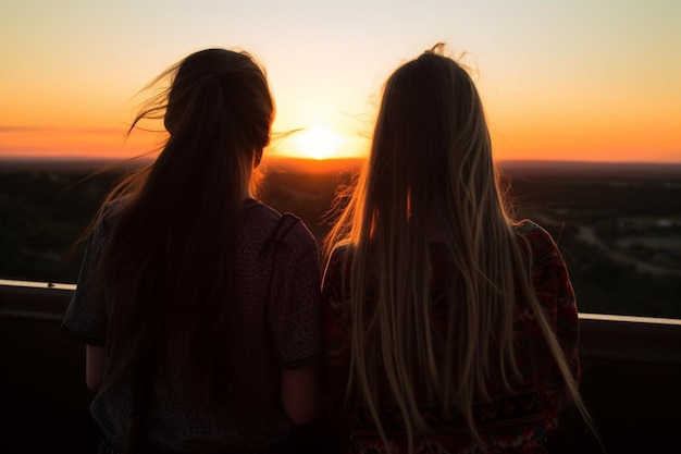 vista posterior Chicas viendo la puesta de sol