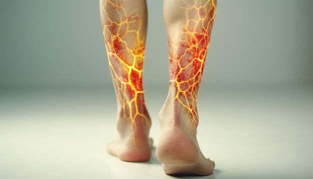 Vista posterior das veias das pernas em chamas demonstrando dor intensa em queimação e fundo em tons de cinza