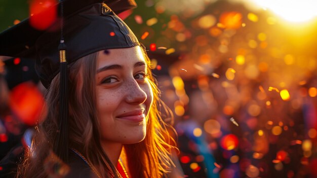 Vista posterior del día de la graduación de una mujer asiática con gorra y abrigo de graduación sosteniendo el concepto de éxito del diploma