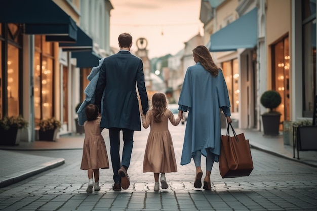 Vista posterior de una familia joven caminando por la calle con bolsas de compras IA generativa