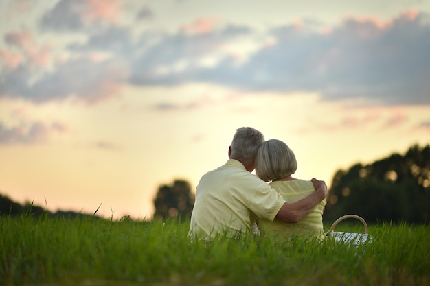 Vista posterior Feliz pareja de ancianos descansando al atardecer