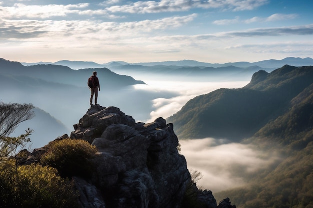 Vista posterior del gerente masculino que lleva una maleta mientras está de pie en las colinas y mira la montaña brumosa Disparo al amanecer IA generativa