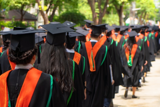 La vista posterior del grupo de graduados universitarios en vestidos negros se alinea para obtener el título en la ceremonia de graduación universitaria. Felicitación de educación de concepto, estudiante, exitoso para estudiar.