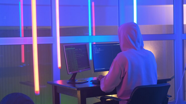 Foto vista posterior de hacker en un sistema de red penetrante con capucha blanca en la sala de neón