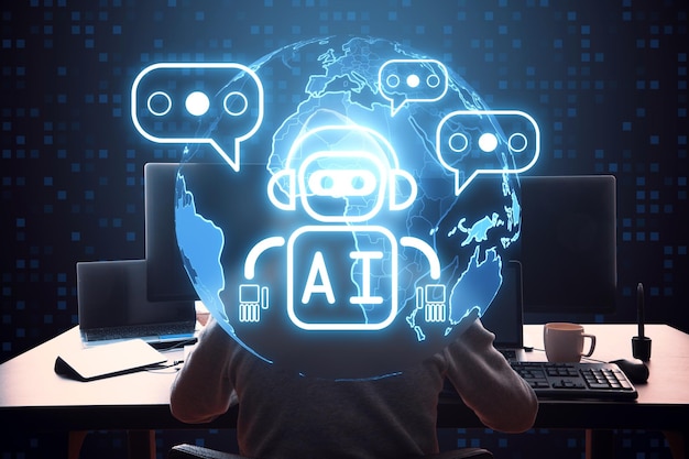 Vista posterior de un hacker usando computadoras en el escritorio con un robot brillante creativo y un holograma de globo ai en un fondo borroso Aprendizaje automático, inteligencia artificial y concepto de innovación