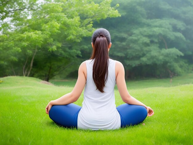 Vista posterior de la hermosa mujer meditando orando El poder de las mujeres