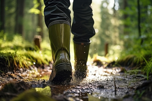 Vista posterior de un hombre con botas de goma en el bosque IA generativa