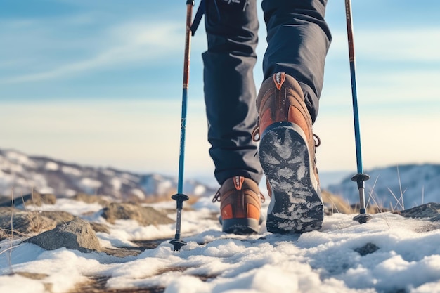 Vista posterior de un hombre caminando solo en montañas invernales con bastones de trekking